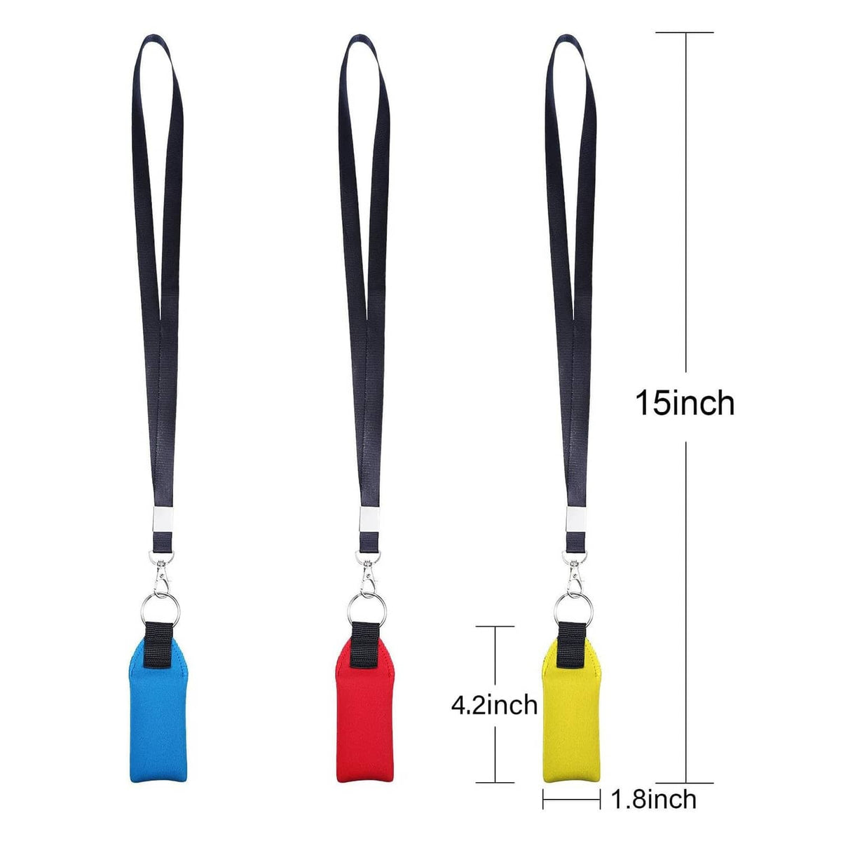 Three neoprene keychains with black lanyard straps in blue, red, and yellow, metal rings