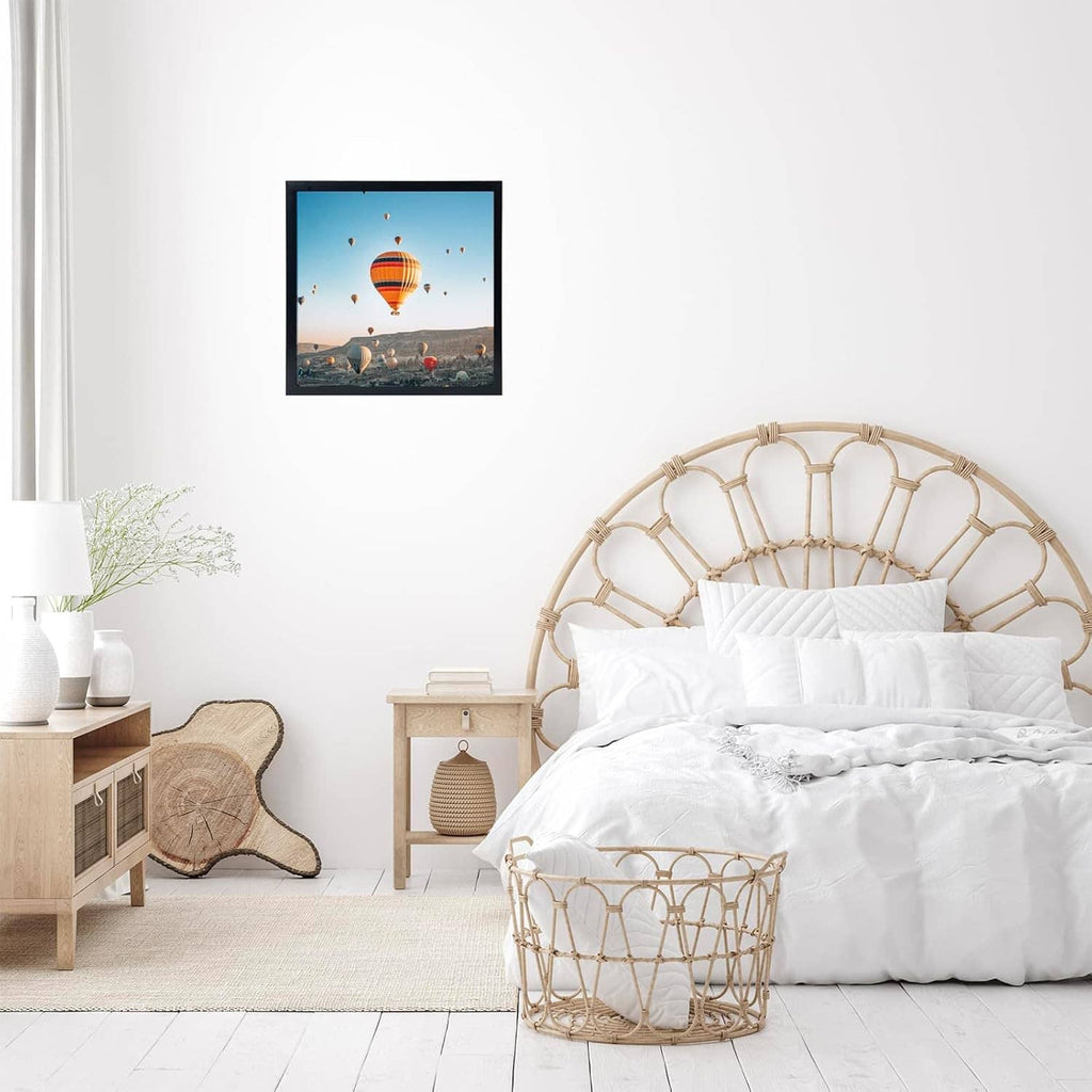 Black 12x12 photo frame with hot air balloon picture on white wall