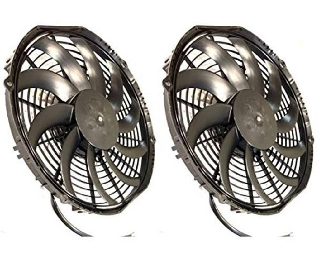 12V puller fan pair showing black frame and curved metal blades with central motor hub