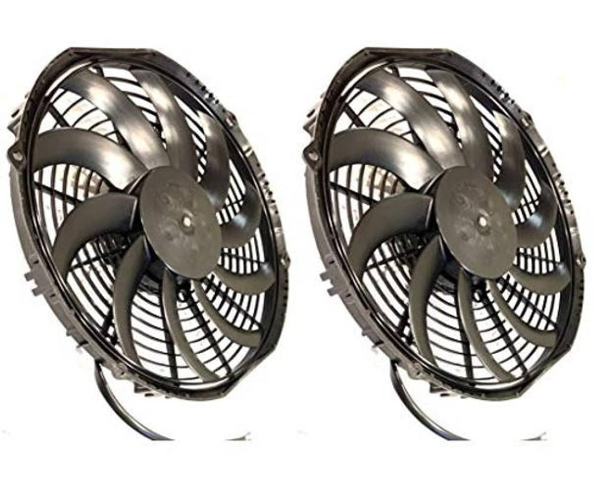 12V puller fan pair showing black frame and curved metal blades with central motor hub
