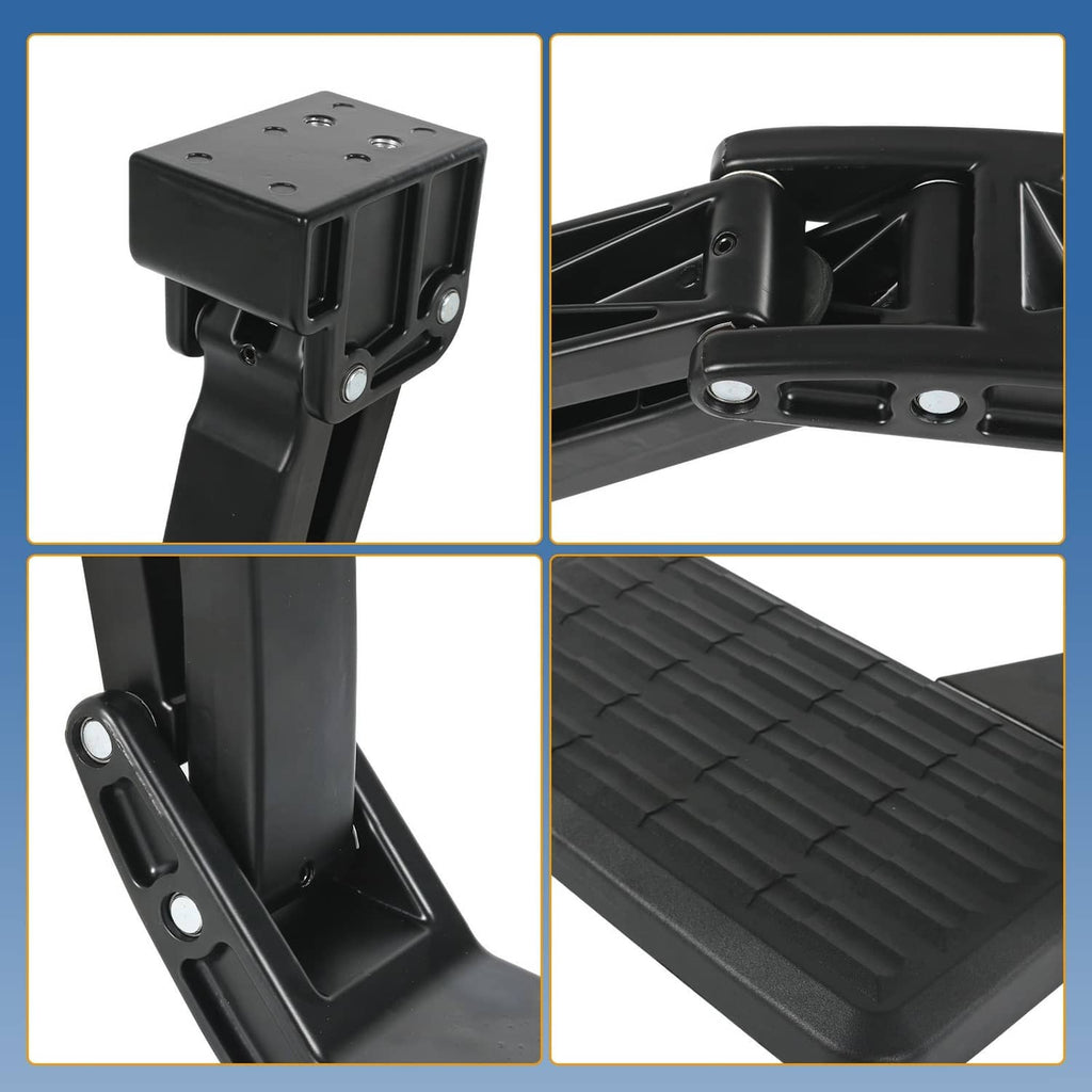 Black retractable step mounting bracket with textured foot pad and hinge plate