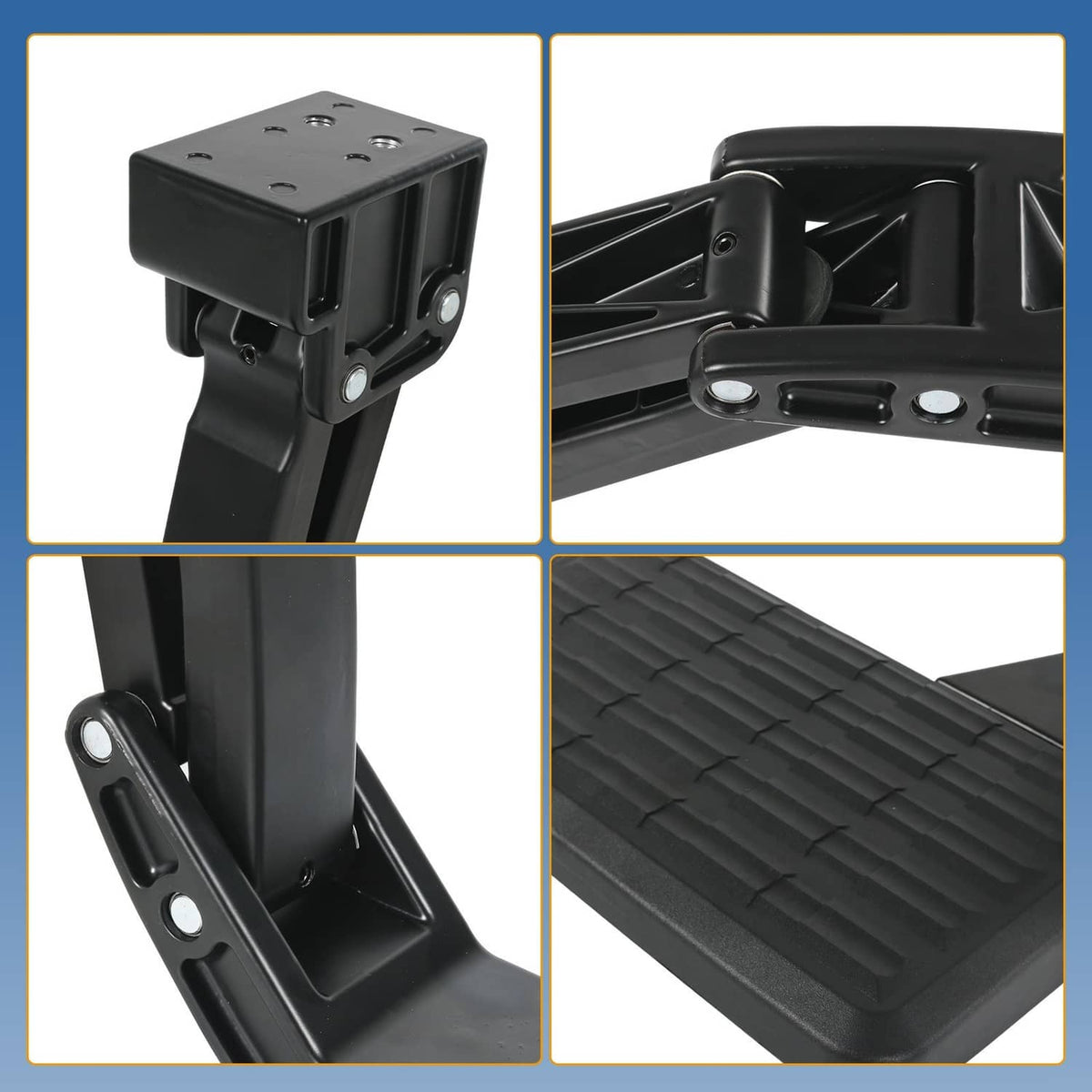 Black retractable step mounting bracket with textured foot pad and hinge plate
