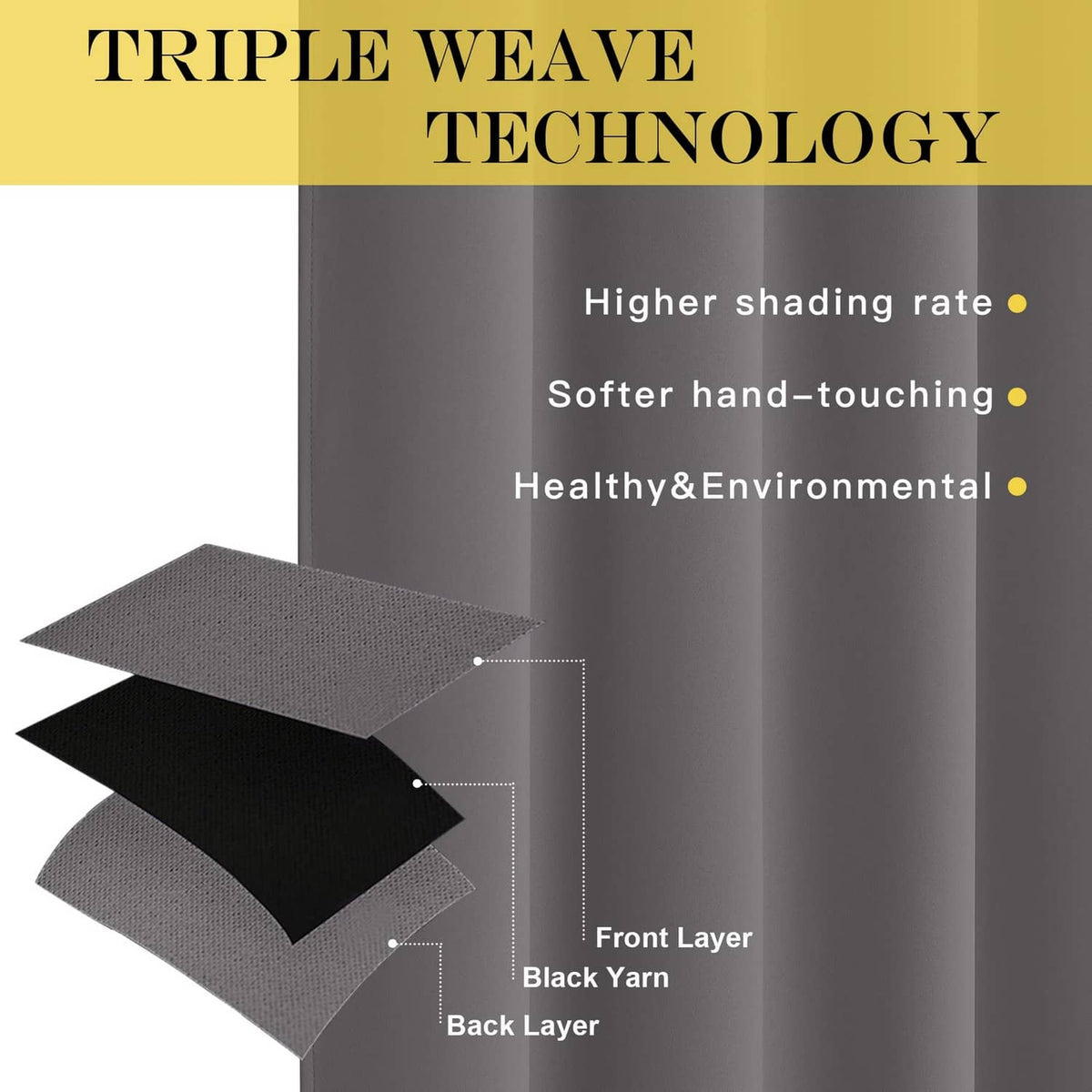 Grey layered blackout curtain fabric swatches showing front and back layers
