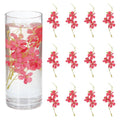 Set of 12 red floating flower picks with green stems for centerpieces