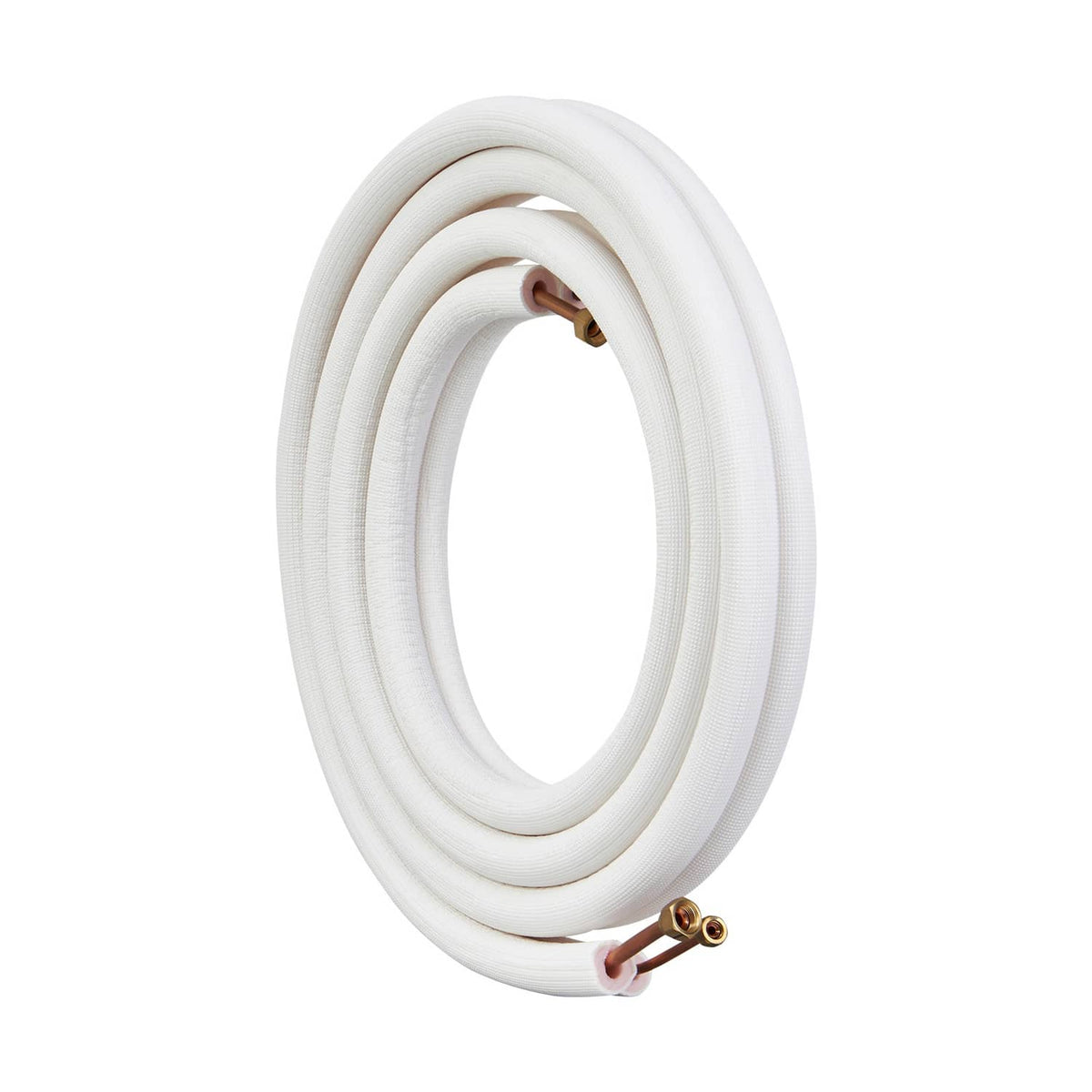 Insulated copper mini-split line set with white hose coil and brass flare connectors