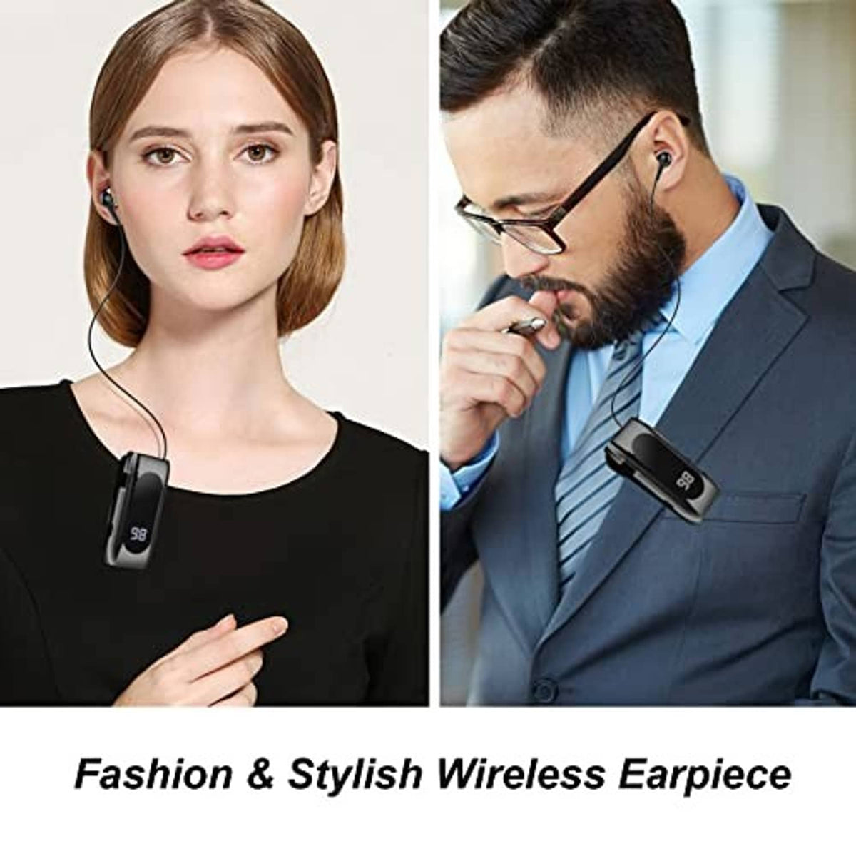 Retractable wireless earphone on woman and man, black earpiece with clip case