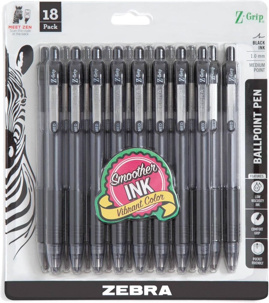 Zebra Z-Grip 18-pack retractable ballpoint pens, black ink, medium point.