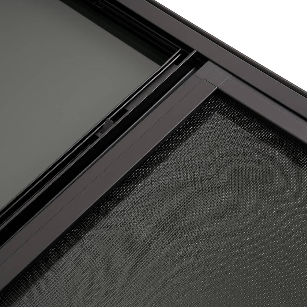 RV window track and mesh screen close-up inside black frame.