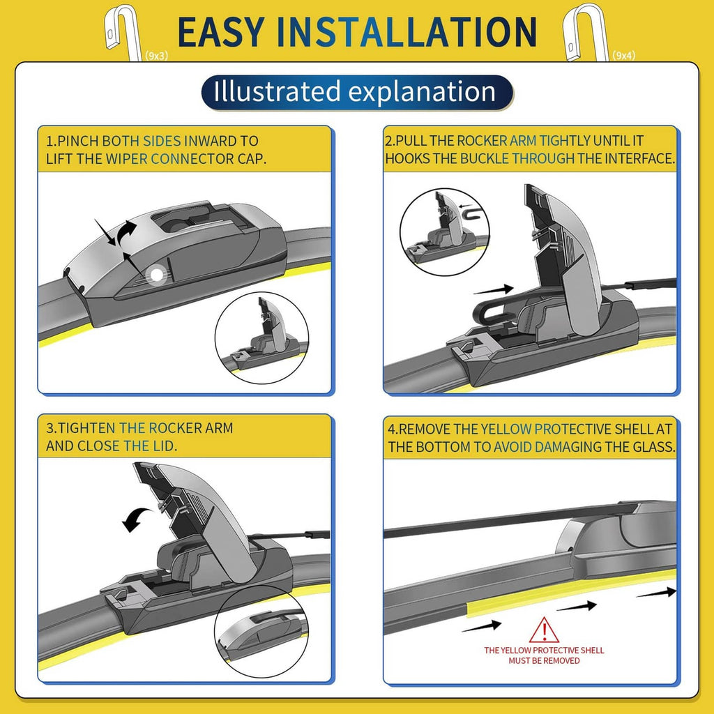 Wiper blade installation guide showing rocker arm steps and protective shell