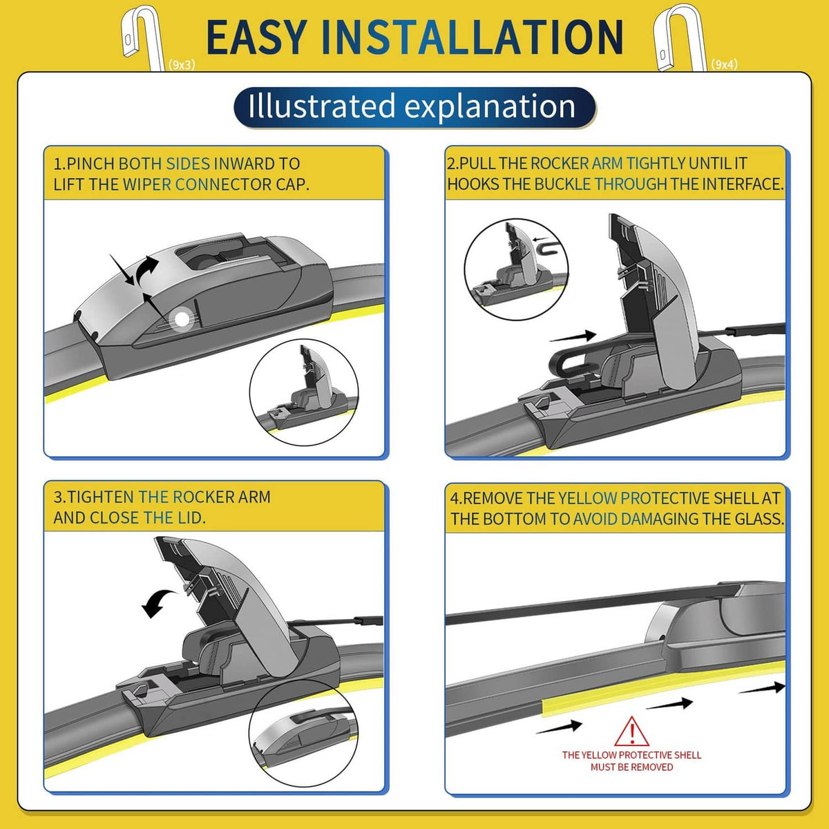 Wiper blade installation guide showing rocker arm steps and protective shell