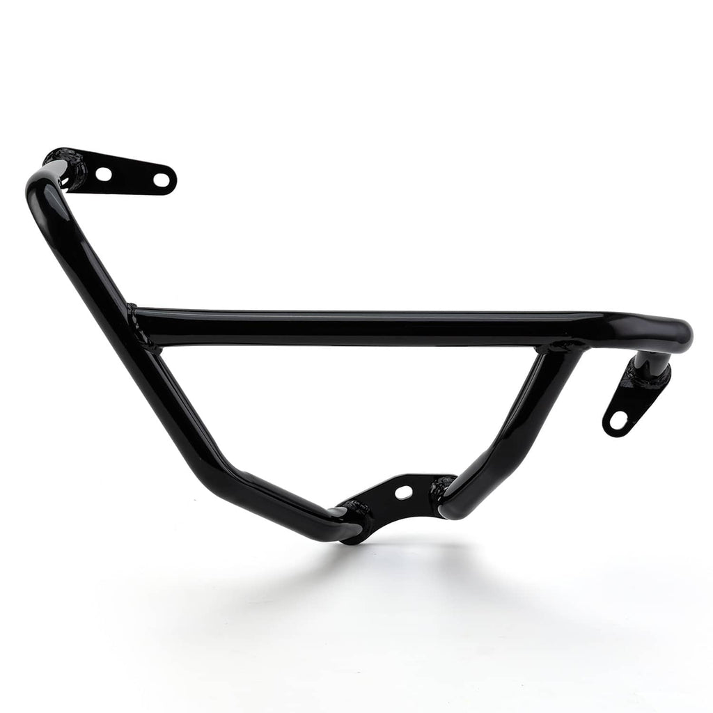 Black motorcycle engine guard crash bar with bolt-hole mounting plates