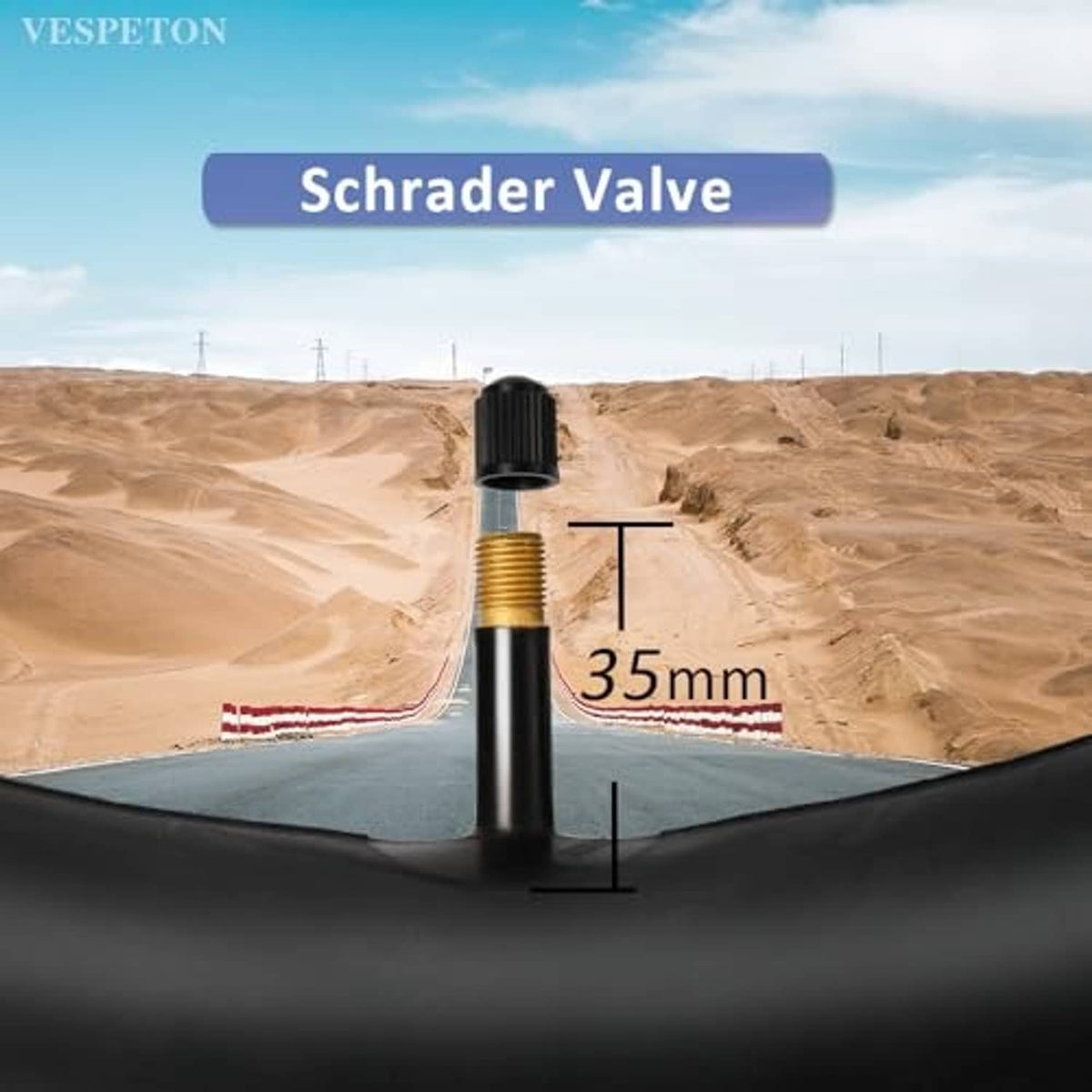 Schrader valve close-up on black inner tube with 35mm height marker