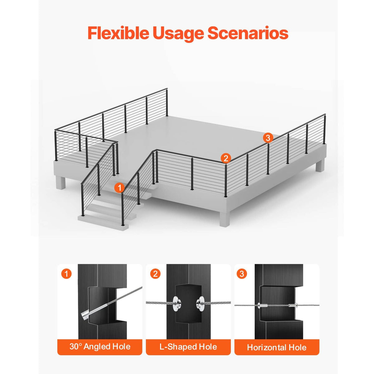 3-way cable railing layout with posts and top rail for corner and straight runs