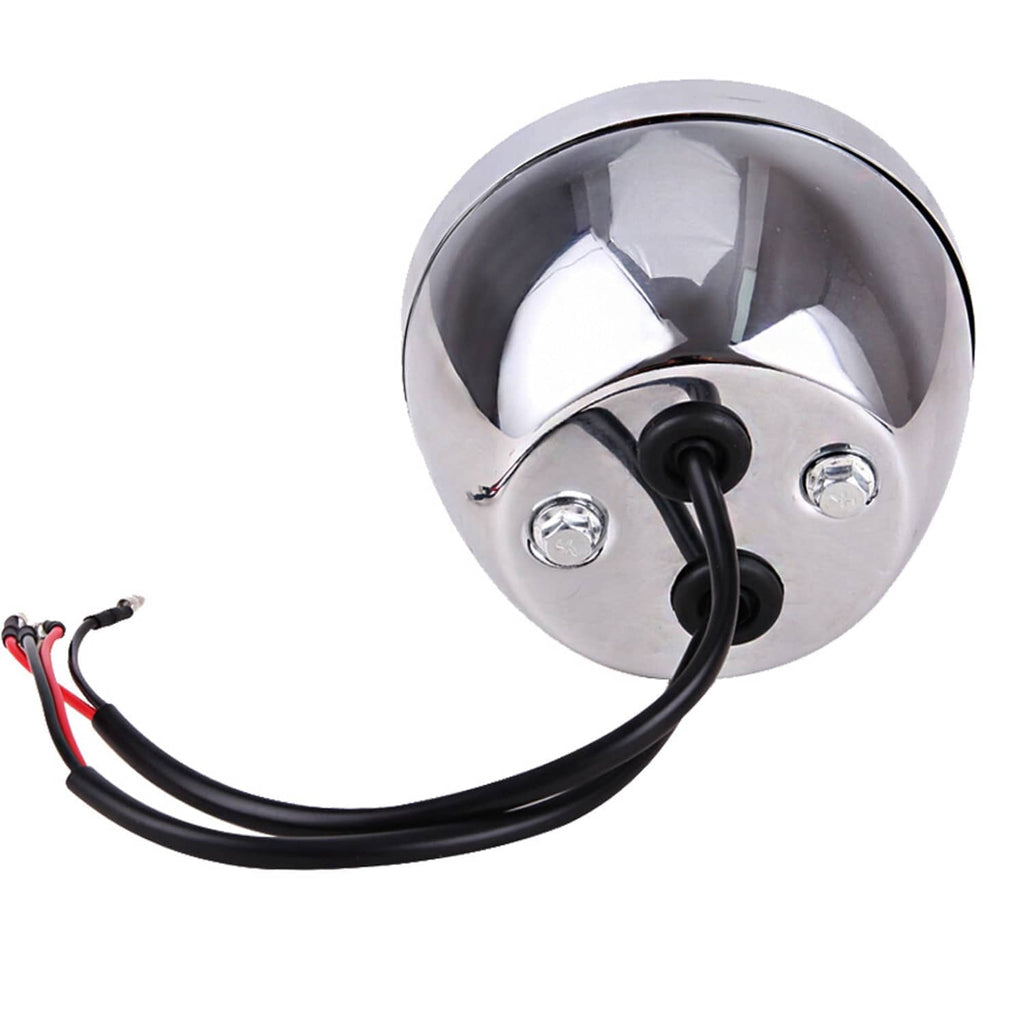 Rear view of chrome LED tail light housing with threaded mounts and black power cable
