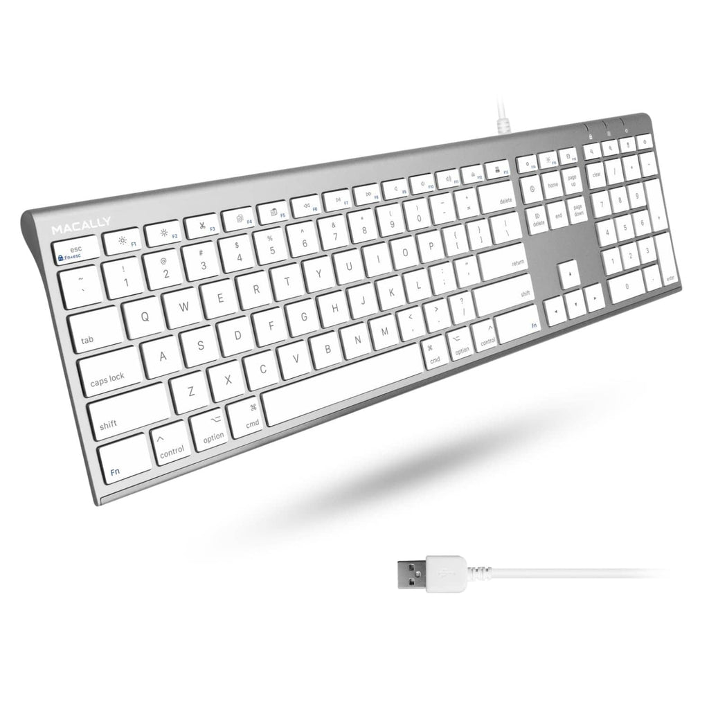 Silver wired full-size keyboard with white keys, aluminum frame, and USB plug
