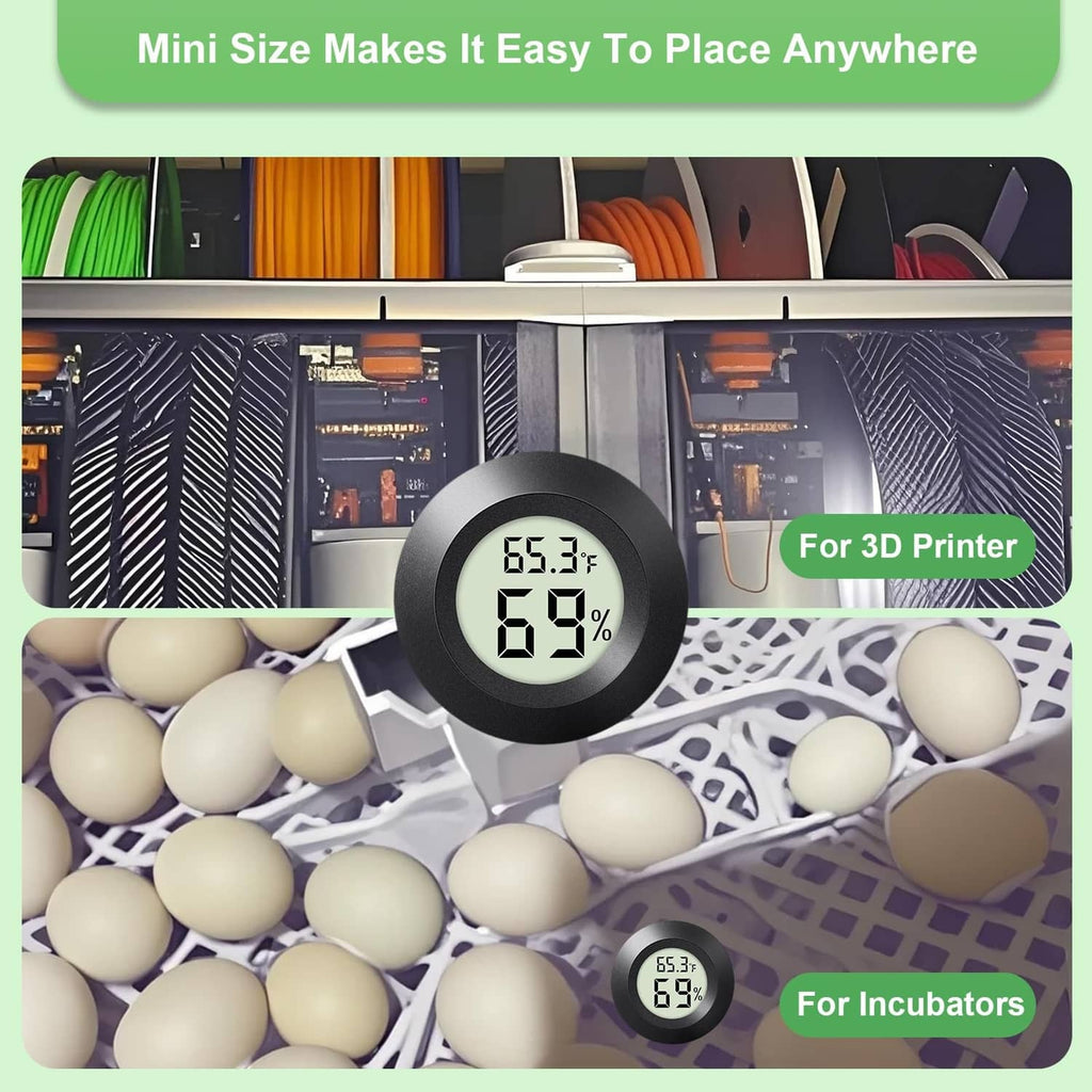 Mini round hygrometer with digital 65.3°F and 69% display on dark circular base