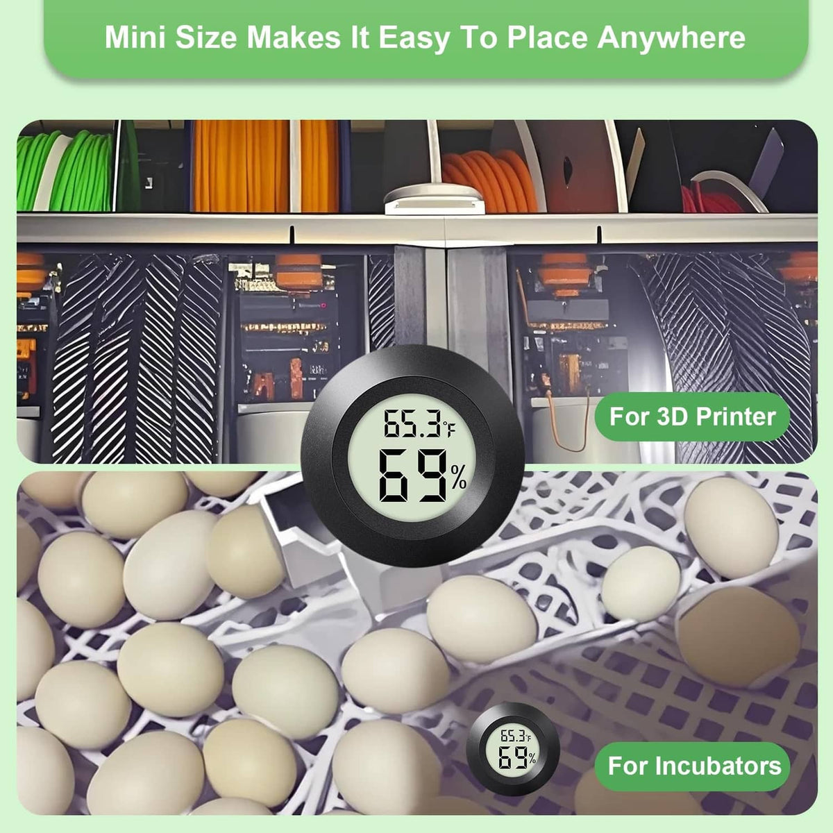 Mini round hygrometer with digital 65.3°F and 69% display on dark circular base