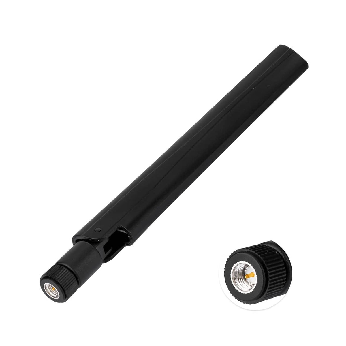 Black omnidirectional antenna with SMA male base and protective connector cap