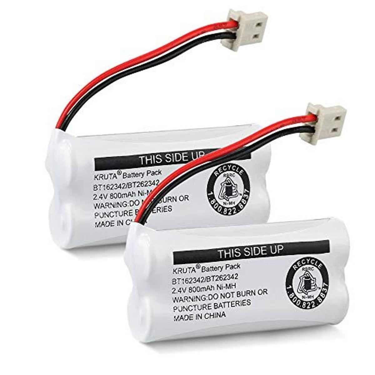 Cordless phone battery pack with white housing and red/black wires, two pin connector