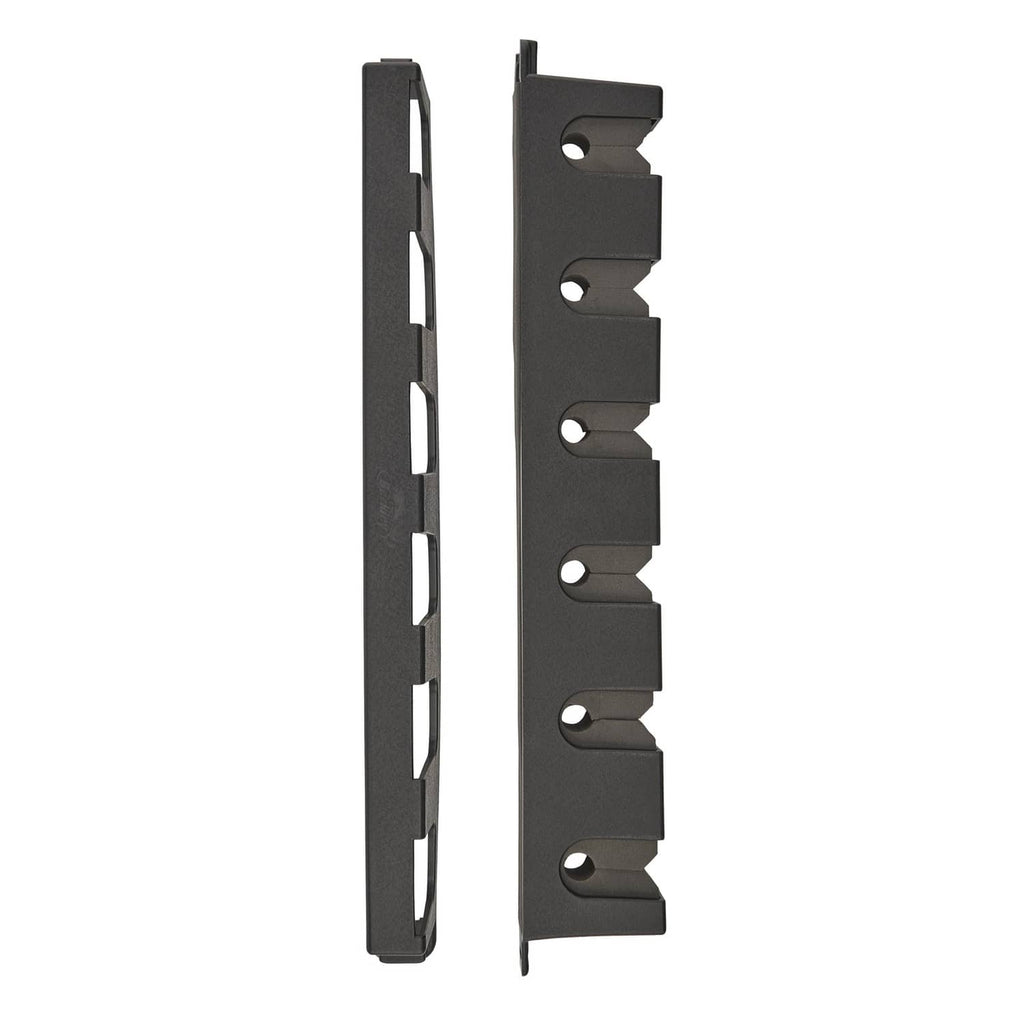Black vertical 6-rod wall mount rack bracket with mounting holes.