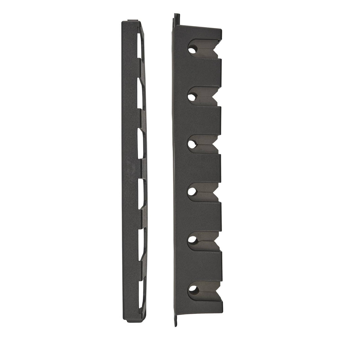 Black vertical 6-rod wall mount rack bracket with mounting holes.