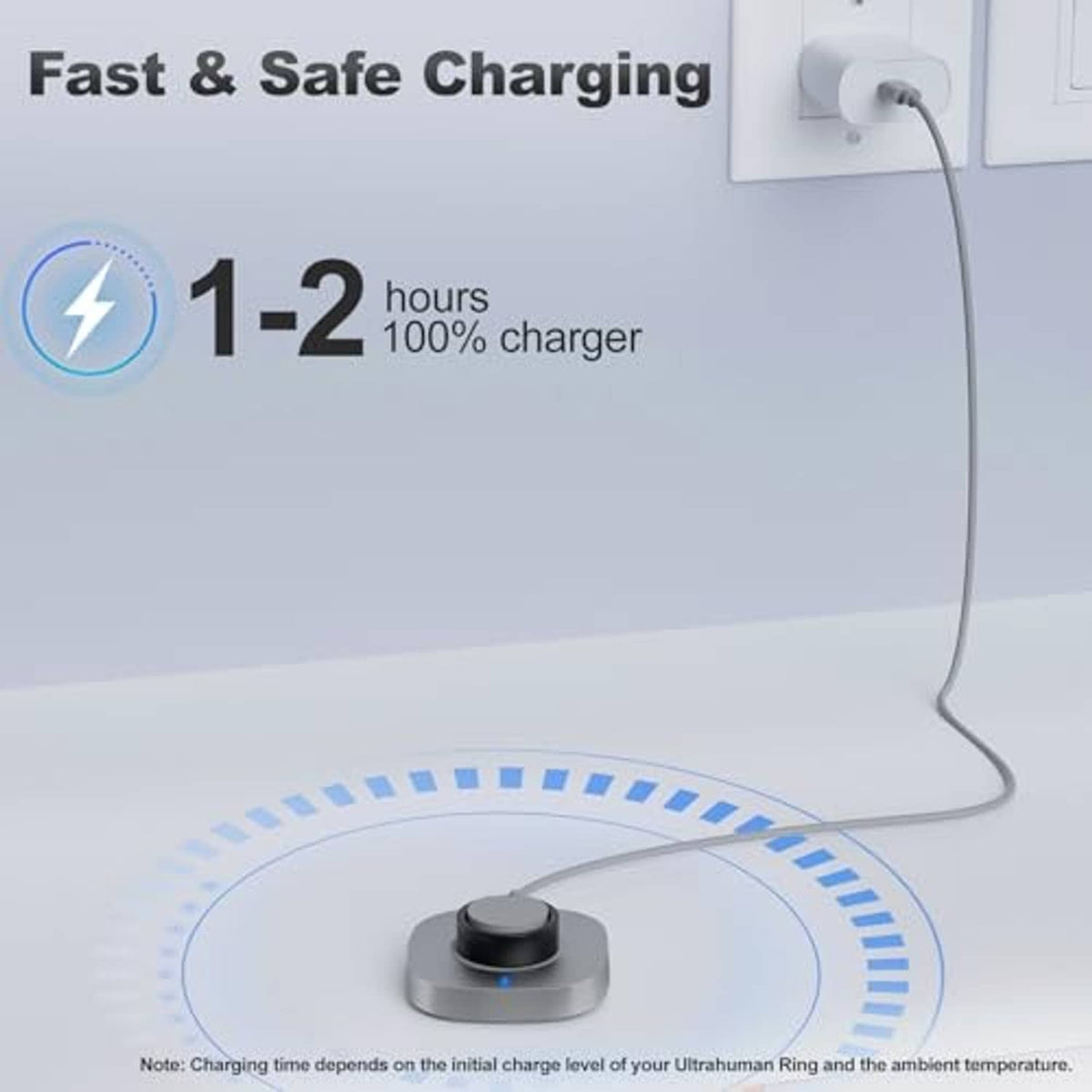 Charging dock with small base and blue LED light, USB cable attached