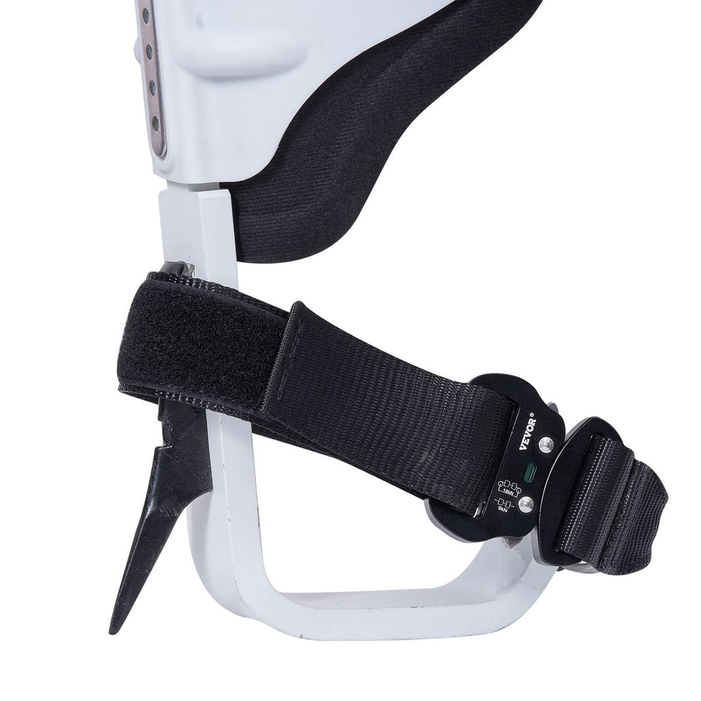 Single tree-climbing spur with black strap and pointed metal spike