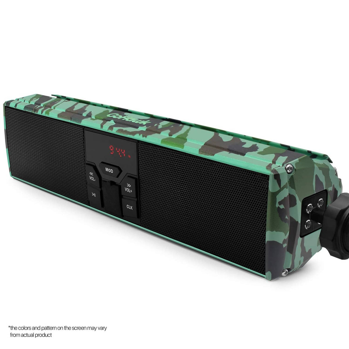 Camo green speaker bar with black front grille and side control buttons panel
