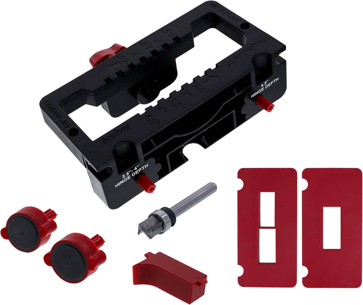 Door hinge mortising jig kit: black body, red clamps, hinge bit, and two templates