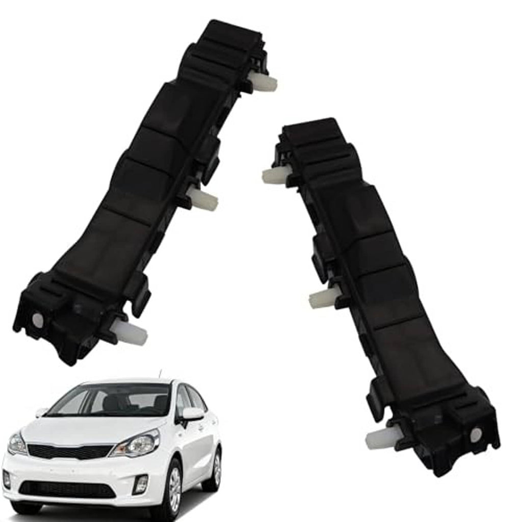Front bumper support bracket set, angled view: two black plastic brackets with white pins