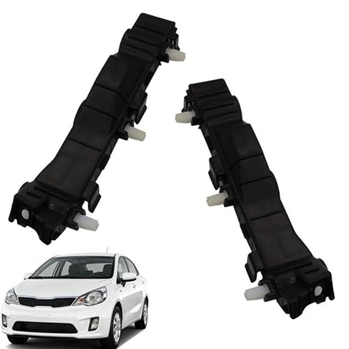 Front bumper support bracket set, angled view: two black plastic brackets with white pins