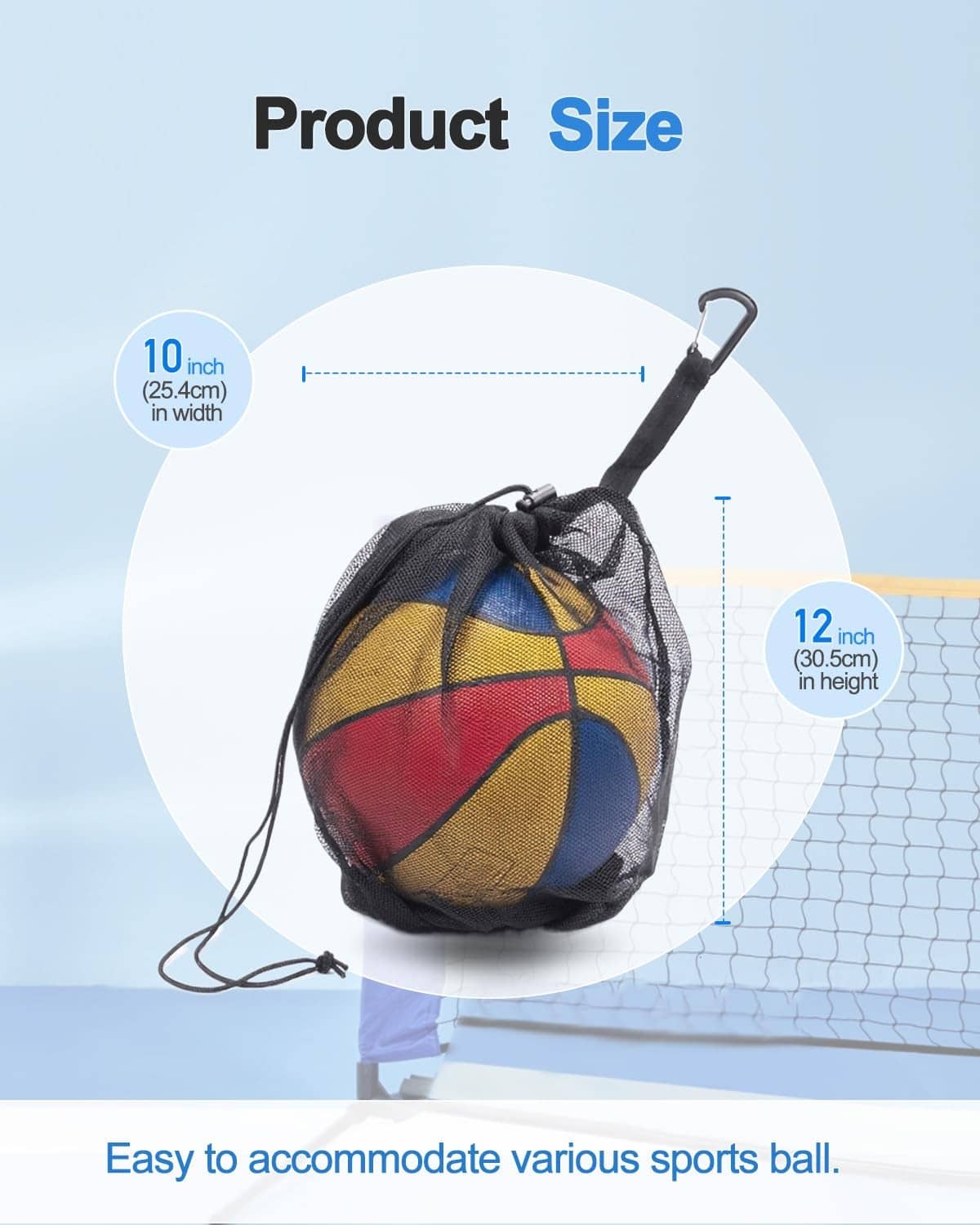 Black mesh ball bag with drawstring, carabiner handle, and ball inside