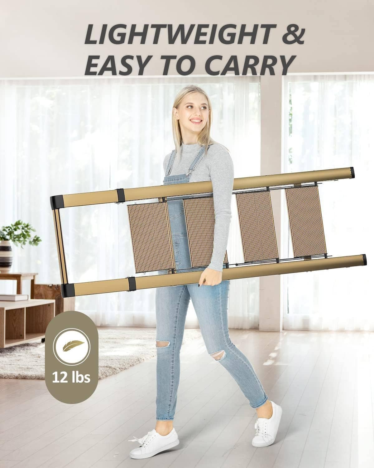 Lightweight 4-step folding step ladder stool with tan frame, black handgrip, and wide pedals