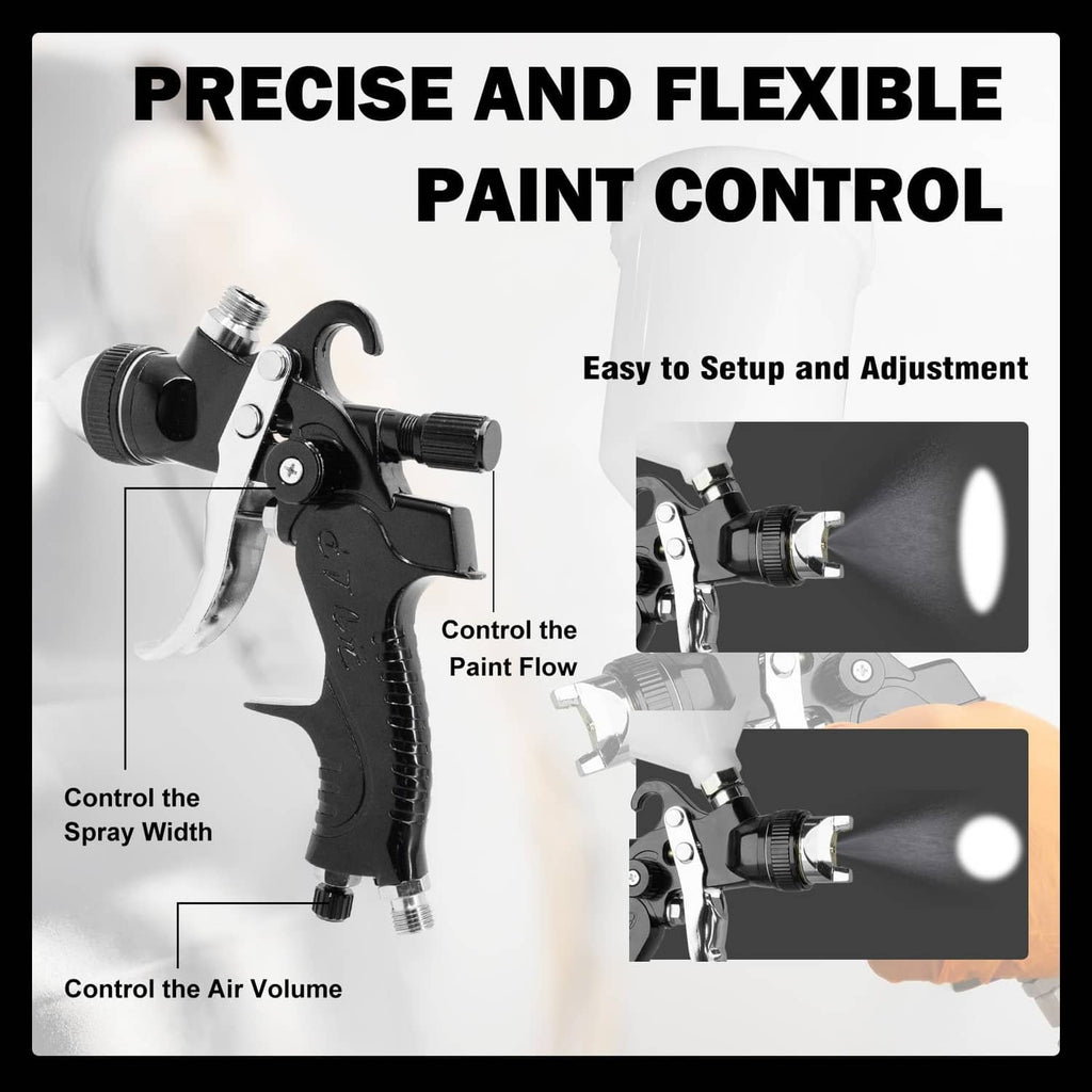 HVLP spray gun with adjustable spray width and air volume controls, black finish