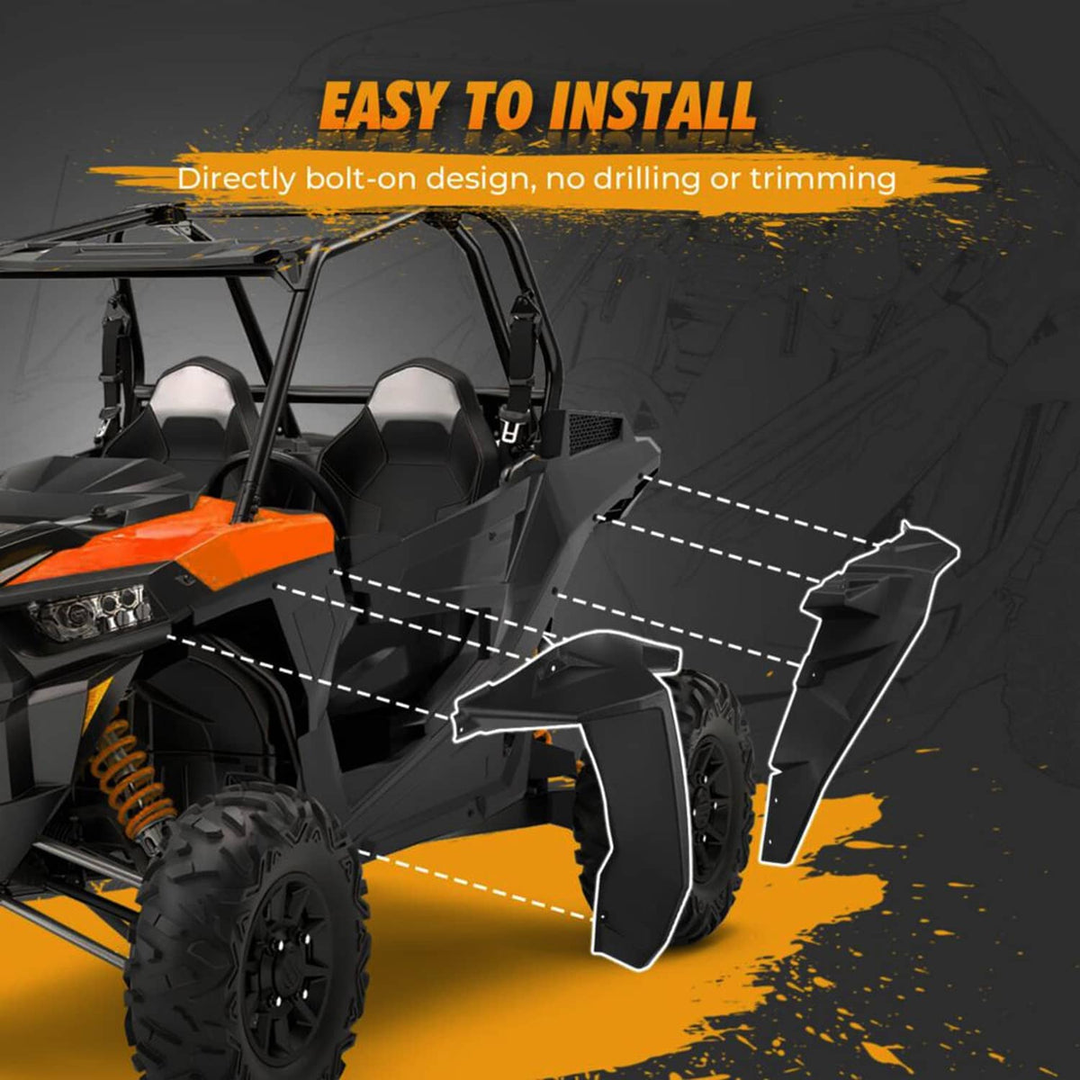 Black UTV fender flare set with hardware-style mounting positions shown