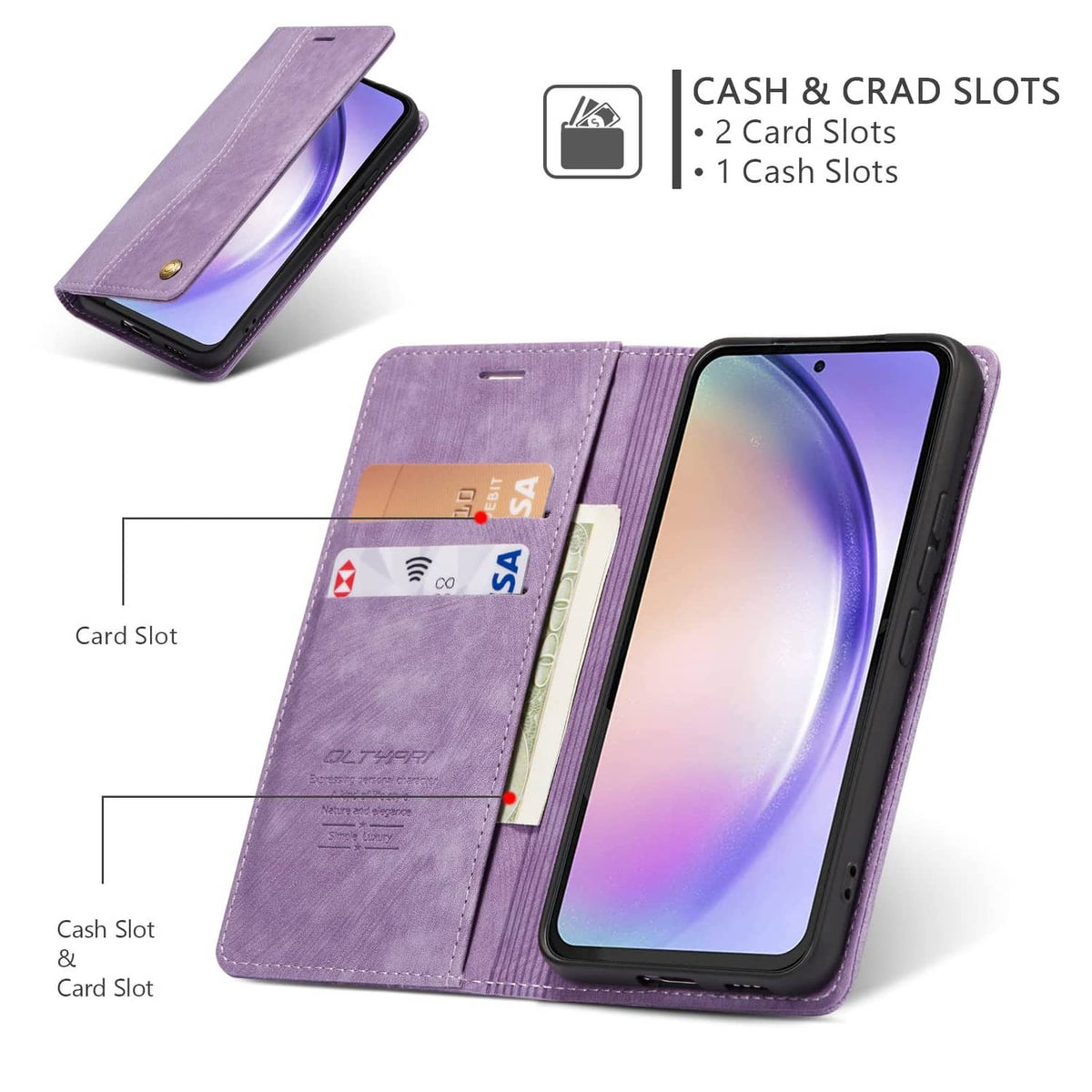 Purple folio wallet case open to show card slot and cash slot, with phone screen visible.