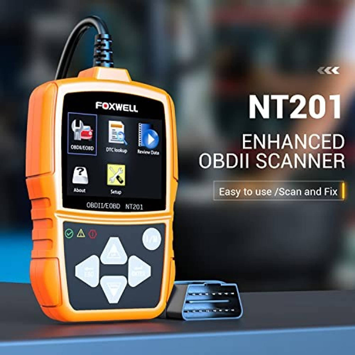 Orange FOXWELL NT201 enhanced OBD2 scanner with screen, buttons, and OBD cable