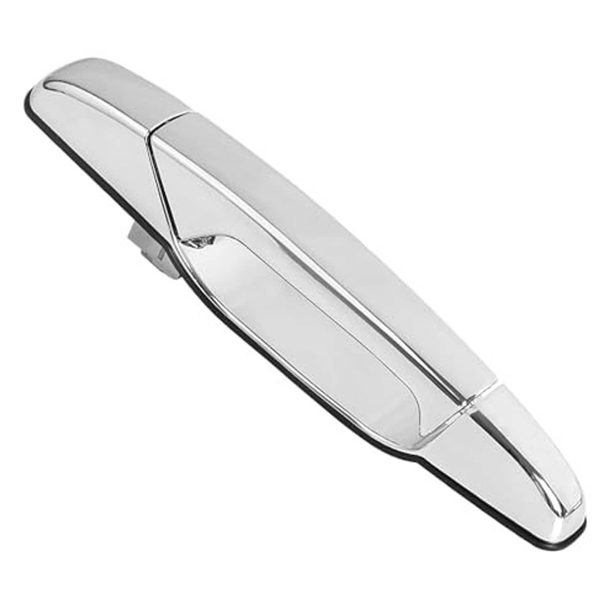 Chrome exterior door handle with black bottom edge and curved grip recess.