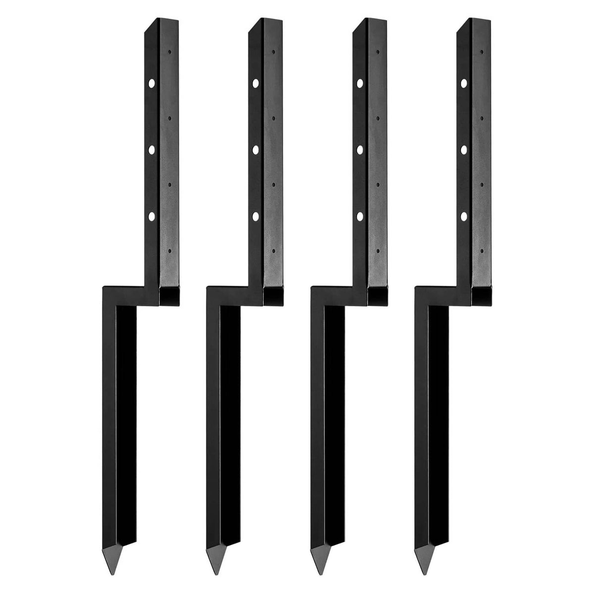 Steel fence post anchors, black, 4-pack, U-shape support stakes with ground spikes