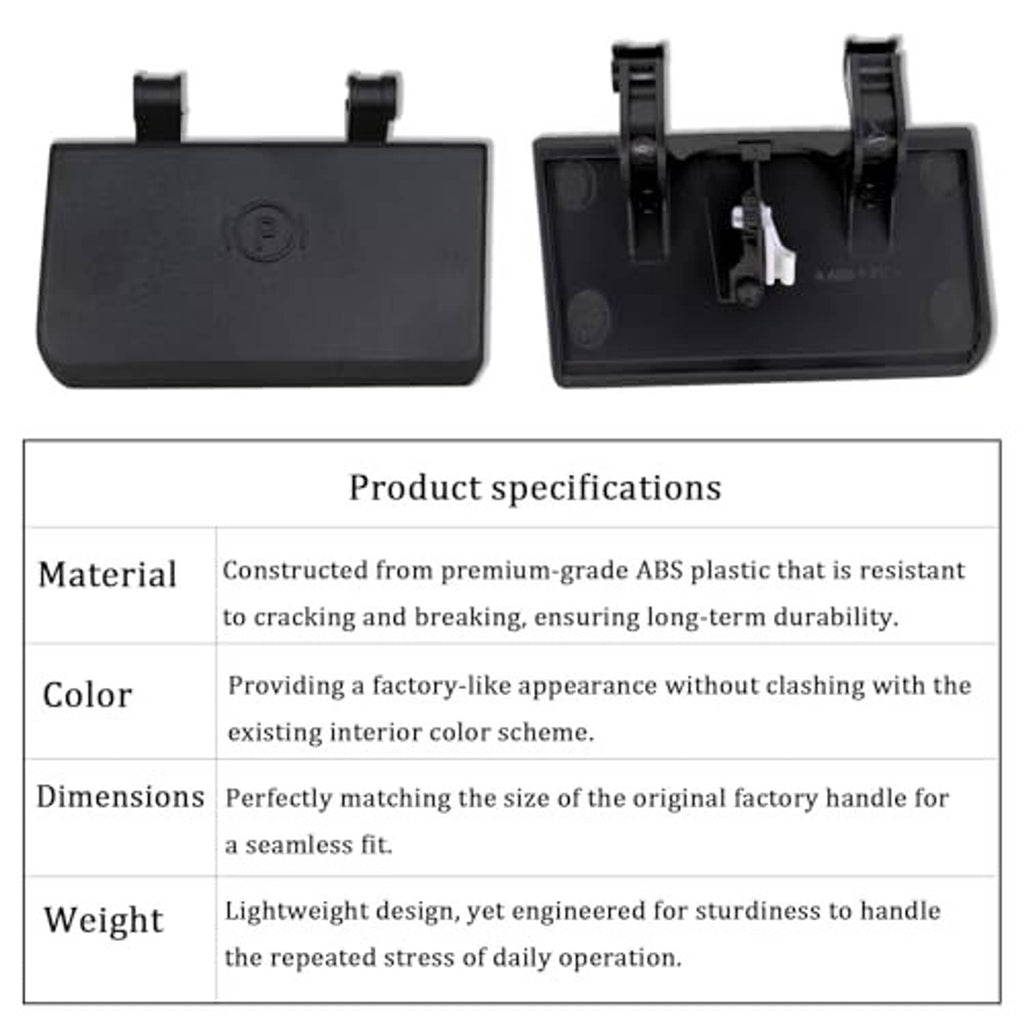 Black parking brake release handle cover with 'P' emblem; open housing view