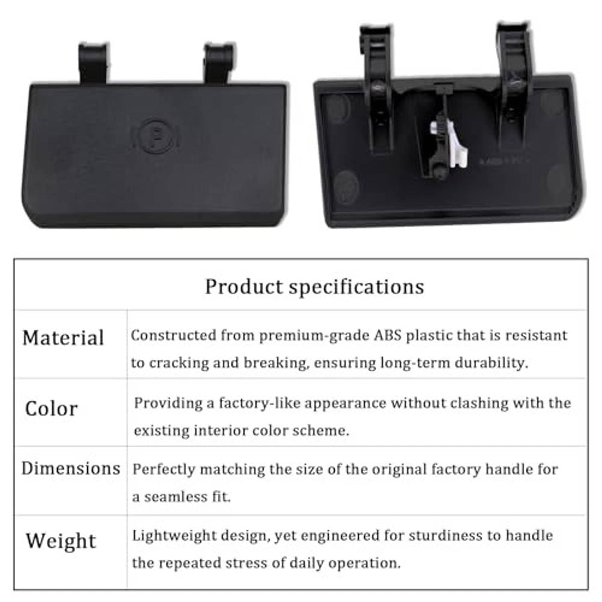 Black parking brake release handle cover with 'P' emblem; open housing view