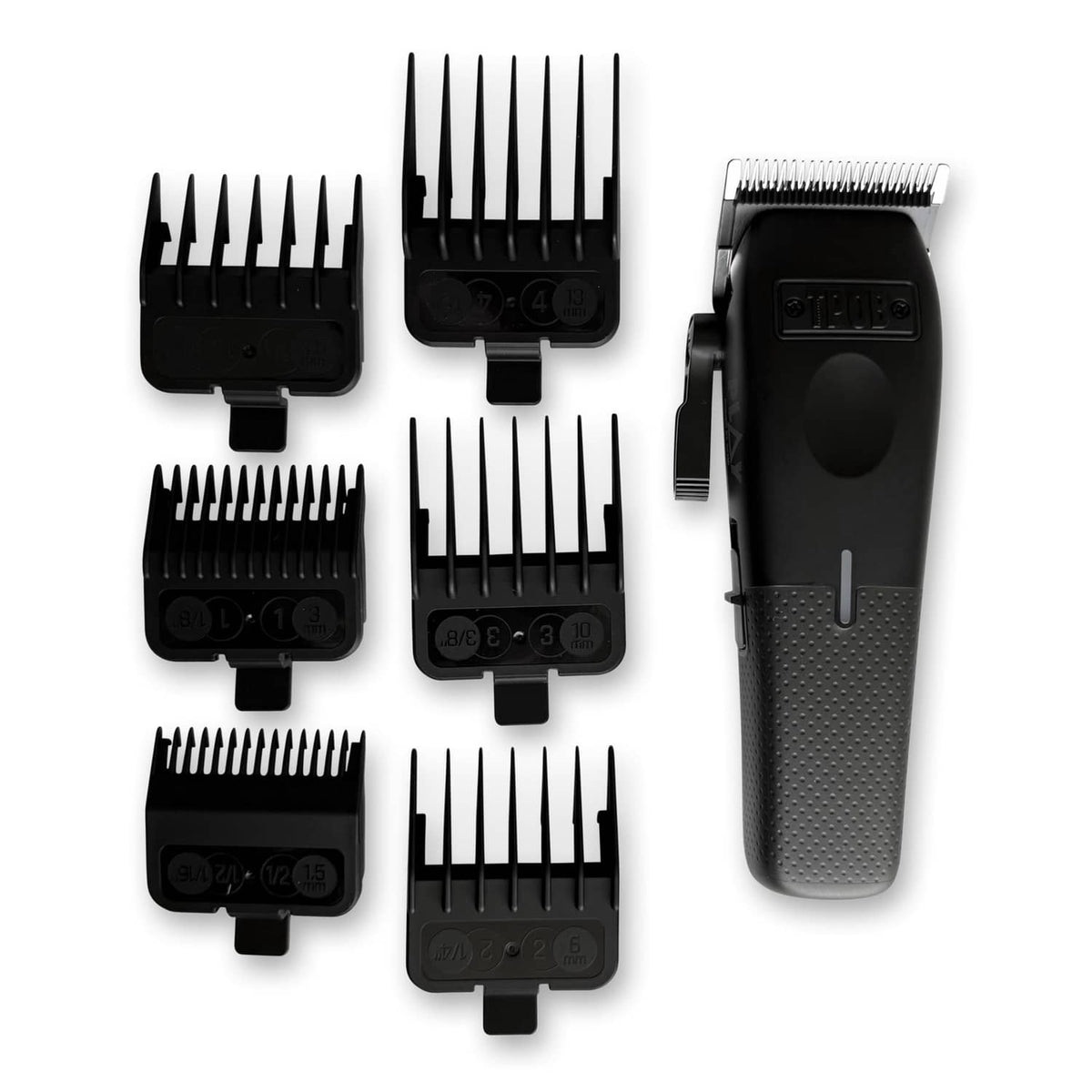 Black hair clipper with multiple detachable guard combs arranged around the main unit