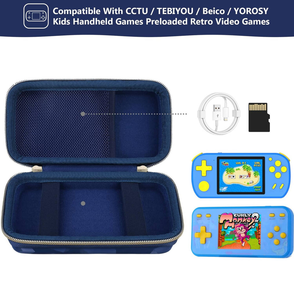 Navy zippered carrying case opened with interior storage compartments and handheld game