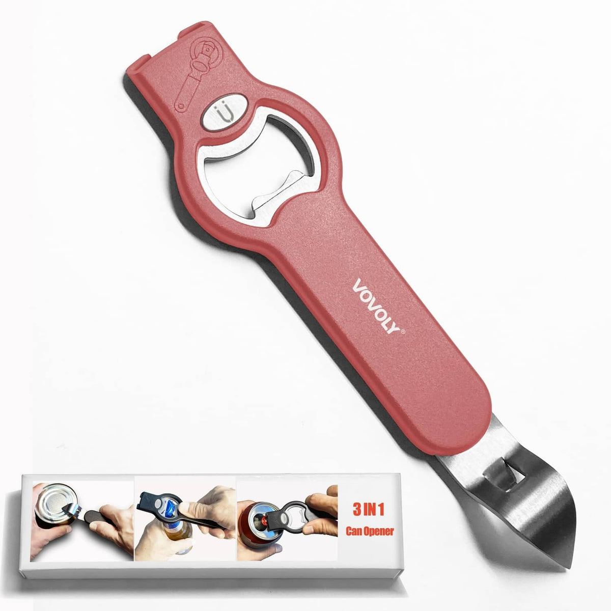 Red 3-in-1 opener with magnetic cap catcher and stainless edge