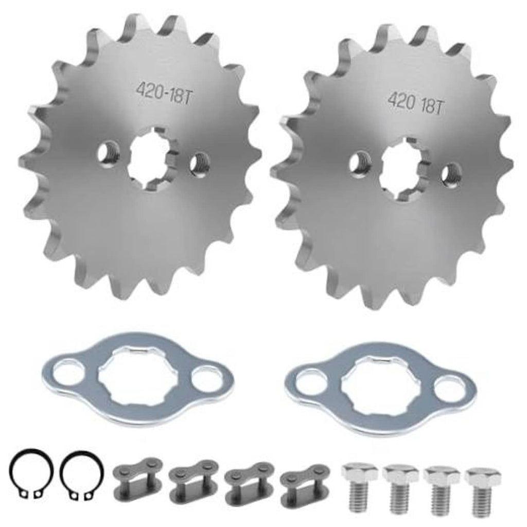 Pair of 420-18T motorcycle front engine sprockets with mounting hardware, silver steel
