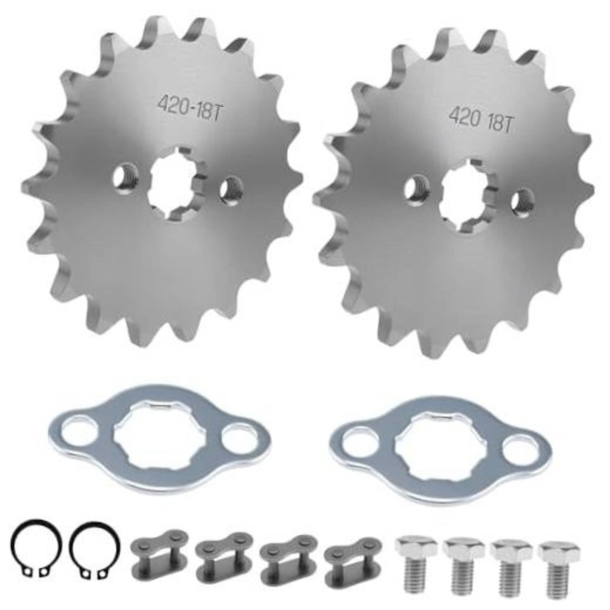 Pair of 420-18T motorcycle front engine sprockets with mounting hardware, silver steel