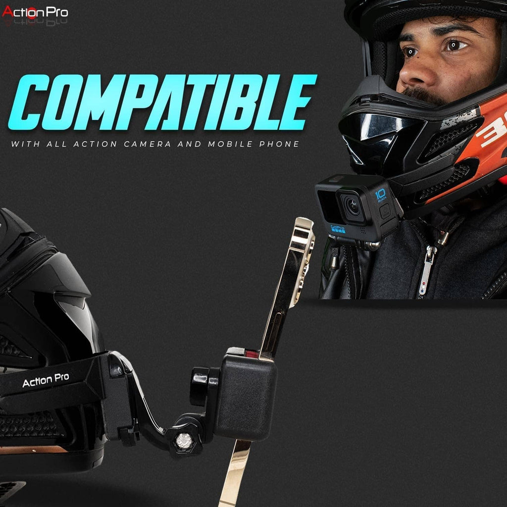 Action Pro helmet chin mount strap device mounted under a rider’s chin