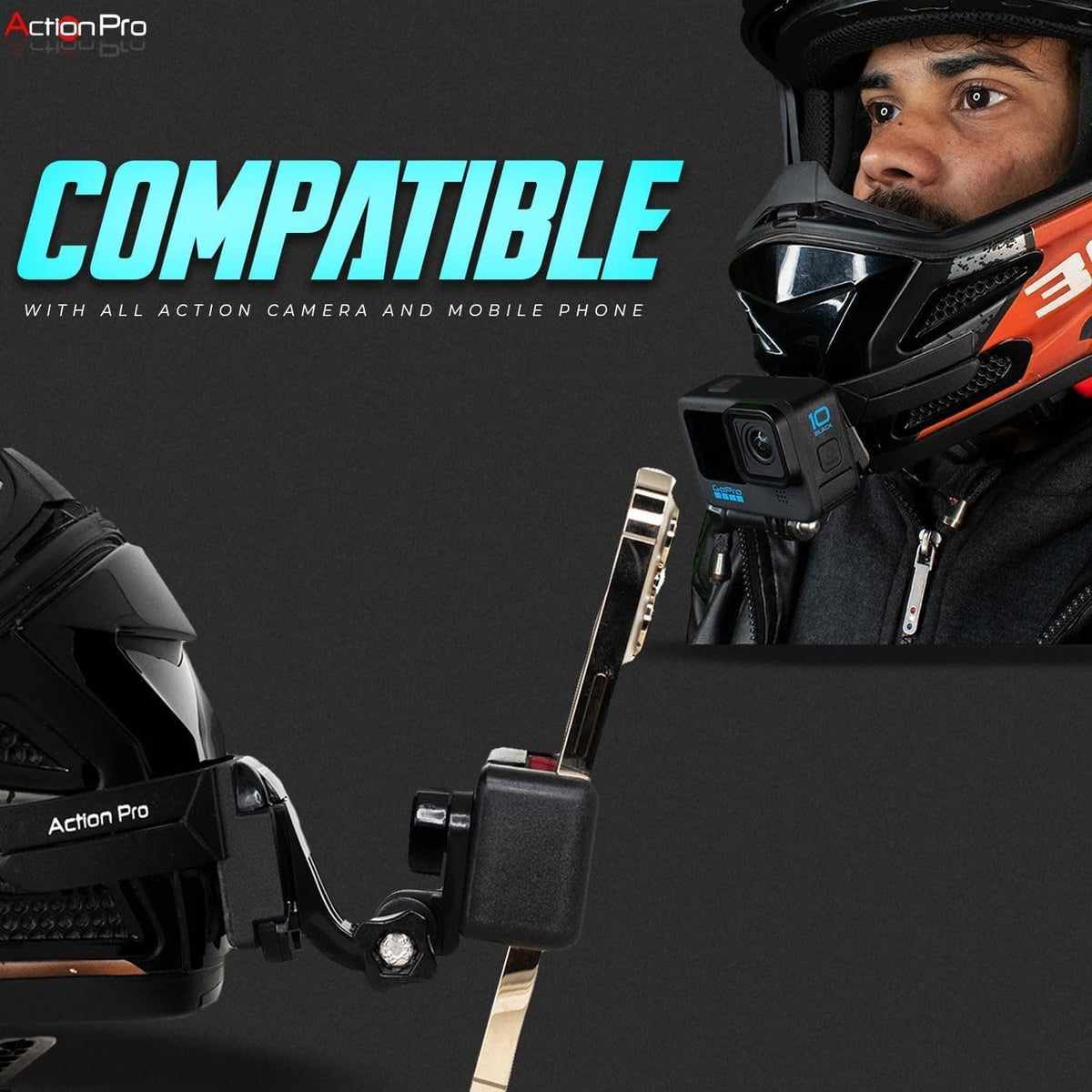 Action Pro helmet chin mount strap device mounted under a rider’s chin