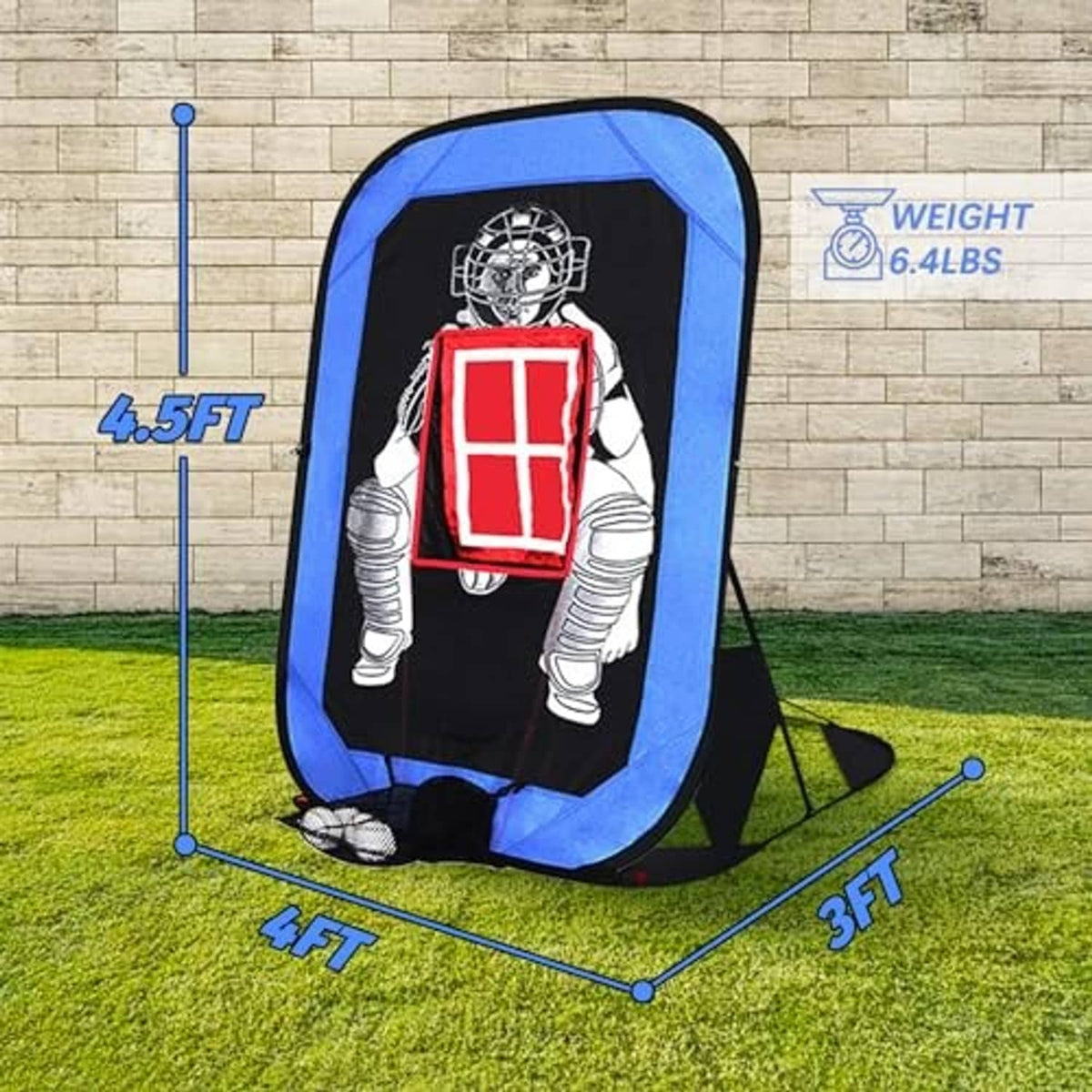 Pop-up pitching target net with red strike zone screen and 4.5 ft by 3 ft frame.