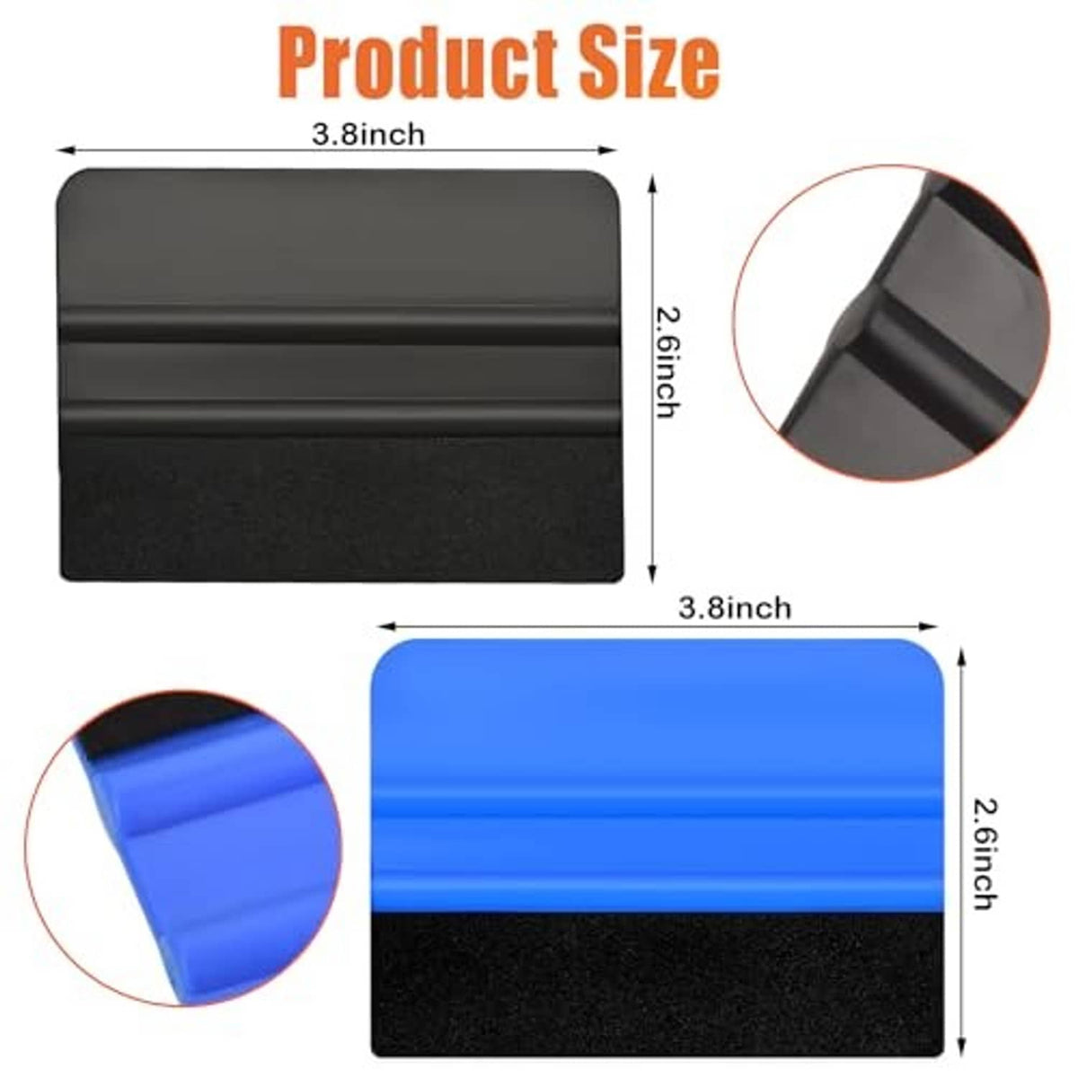 3.8 inch felt-edge squeegee tool with black felt and blue handle, 2.1 inch pad